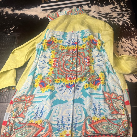 John Mark Tunic Dress Large Linen Blend Long Roll Tab Sleeve Graphic Back M - Picture 9 of 11